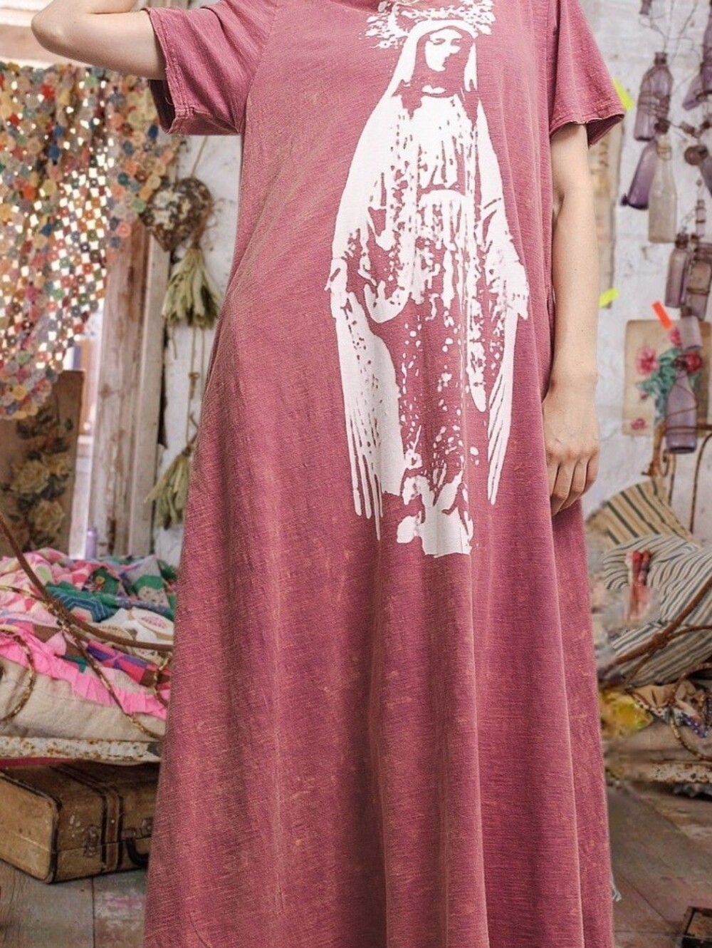 Magnolia Style Free Relaxed Mauve Graphic Long boho Cotton Dress with Pockets L - Picture 4 of 16